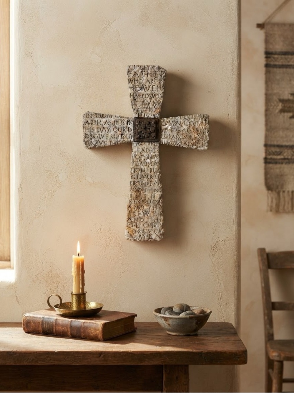 Decorative Script Stone Cross style Wall Art in Beige-resin